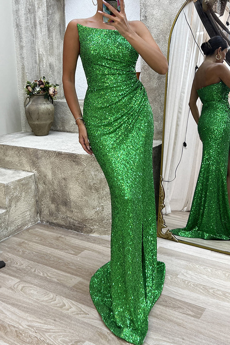 Sexy Formal Solid Slit Asymmetrical Oblique Collar Evening Dress Dresses Green