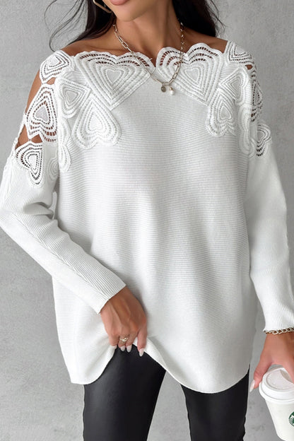 Casual Solid Hollowed Out Patchwork O Neck Tops White