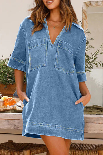 Casual Simplicity Solid Pocket V Neck Short Sleeve Loose Denim Dresses Light Blue