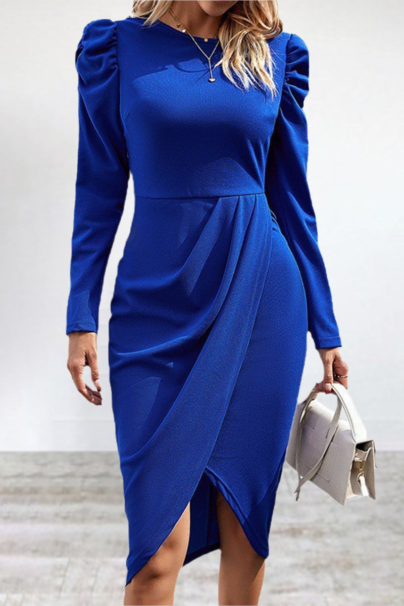 Elegant Solid Slit Asymmetrical O Neck Irregular Dress Dresses Blue