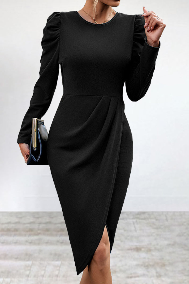 Elegant Solid Slit Asymmetrical O Neck Irregular Dress Dresses Black