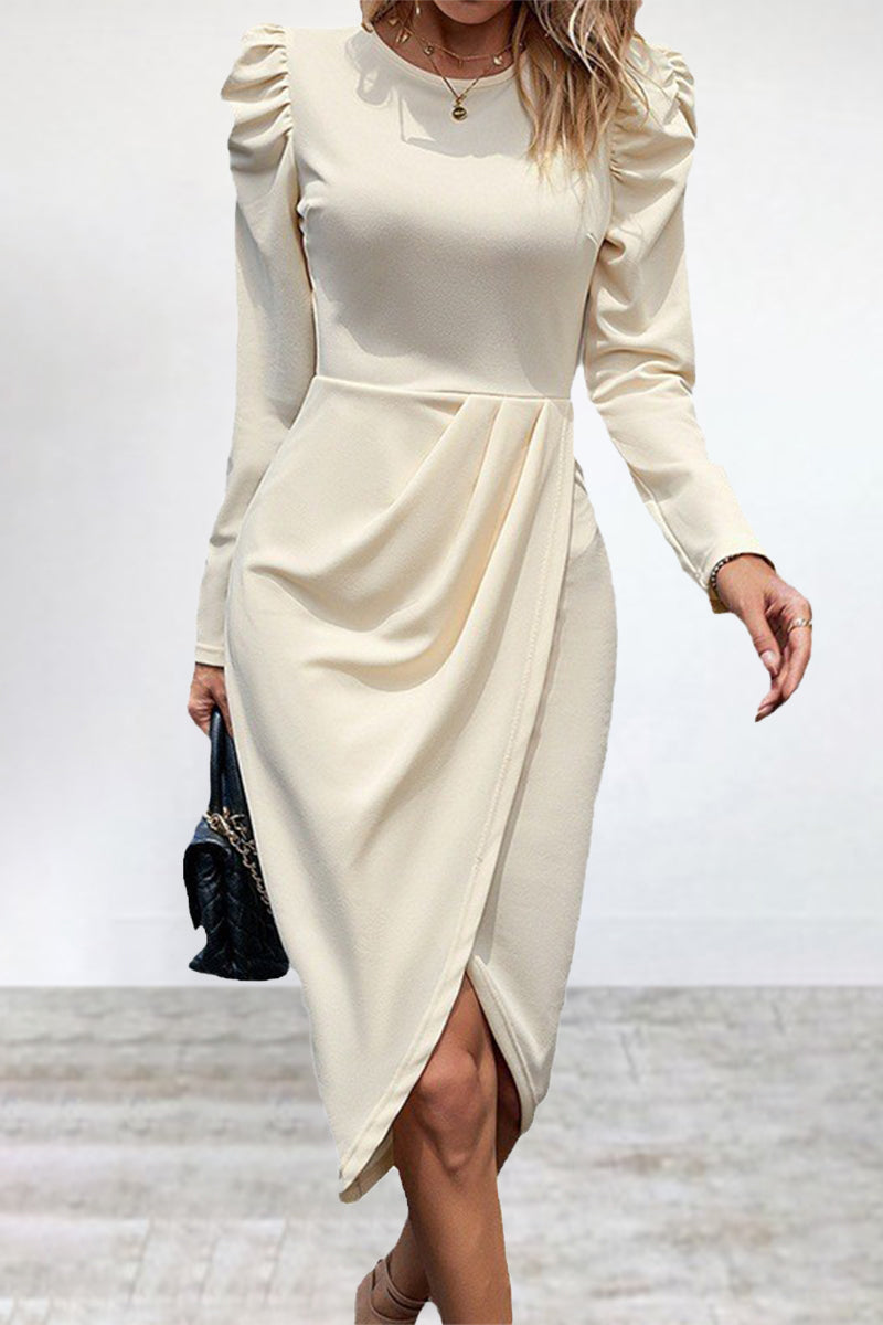 Elegant Solid Slit Asymmetrical O Neck Irregular Dress Dresses Apricot