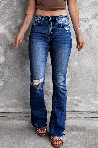 Casual Vintage Solid Ripped High Waist Regular Denim Jeans Dark Blue