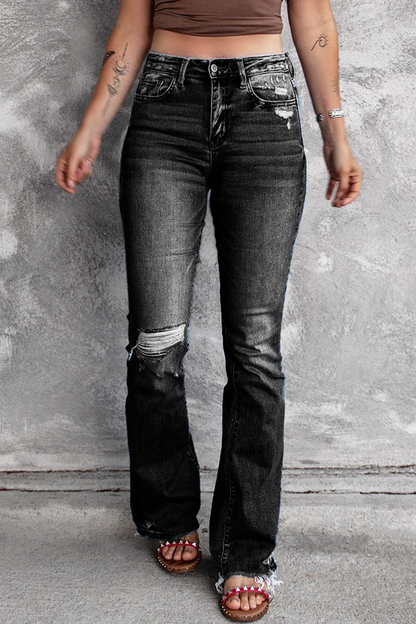 Casual Vintage Solid Ripped High Waist Regular Denim Jeans Black