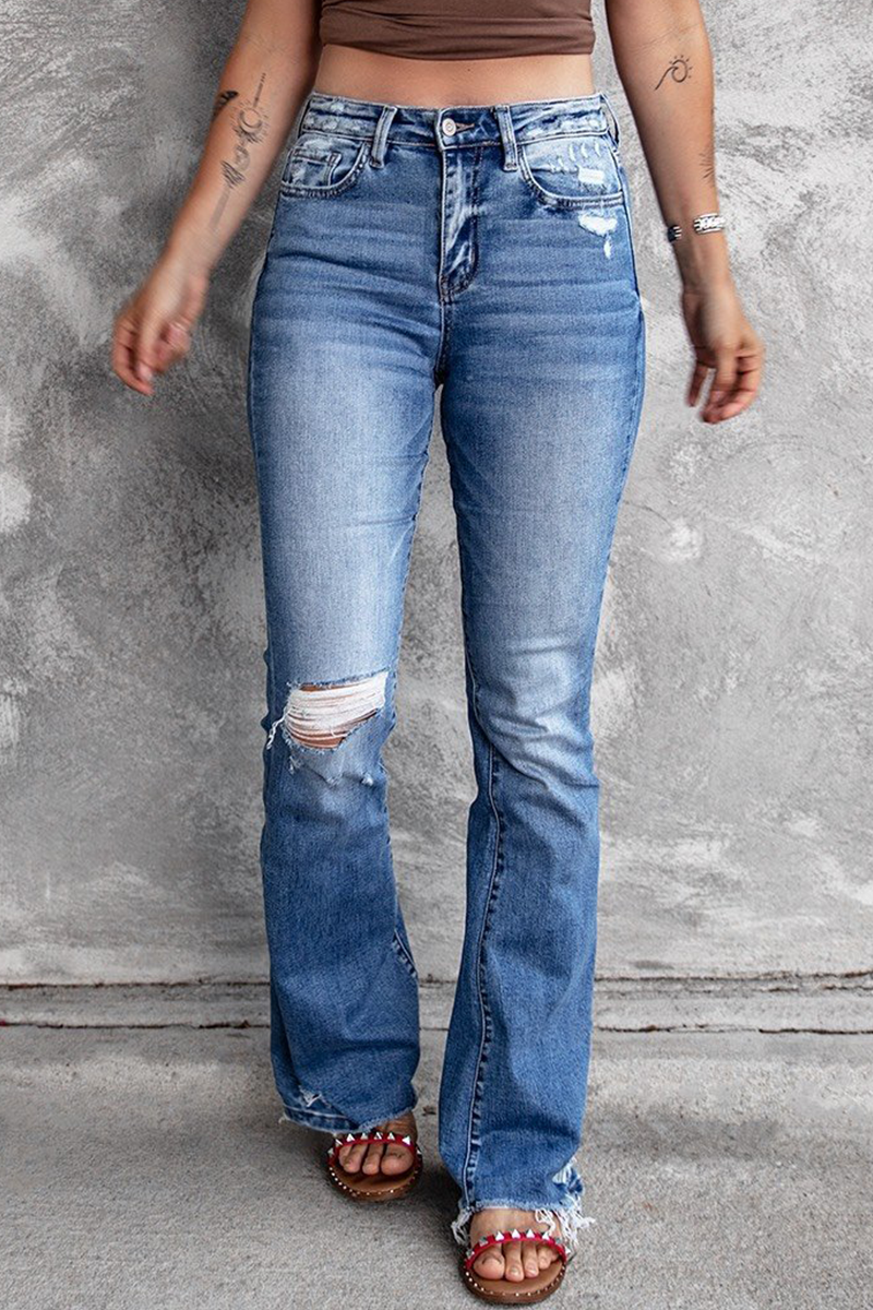 Casual Vintage Solid Ripped High Waist Regular Denim Jeans Baby Blue