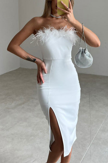 Solid Feathers Slit Strapless Wrapped Skirt Dresses White