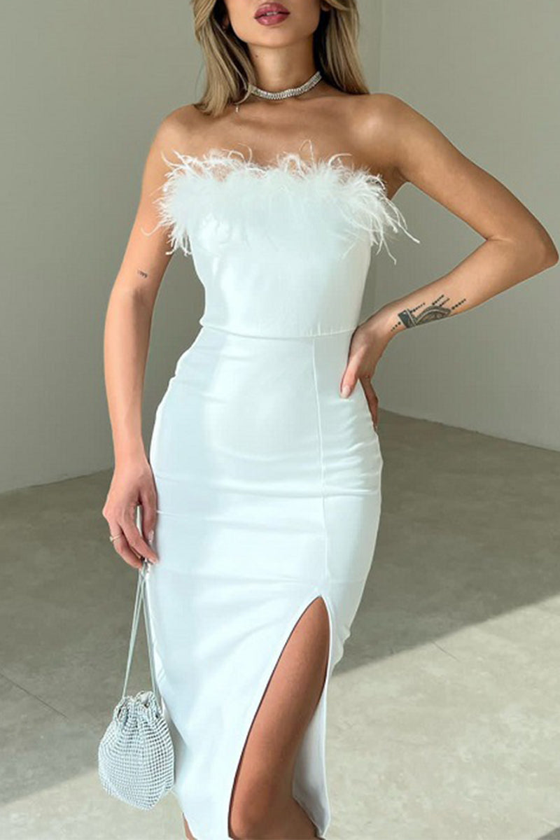 Solid Feathers Slit Strapless Wrapped Skirt Dresses