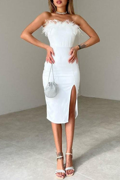 Solid Feathers Slit Strapless Wrapped Skirt Dresses