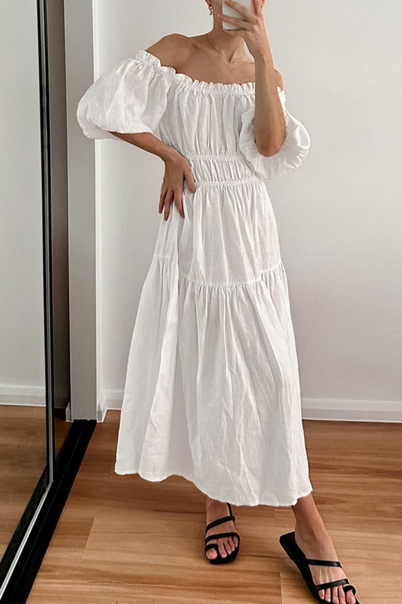 Casual Simplicity Solid Fold Off the Shoulder A Line Short Sleeve Dress