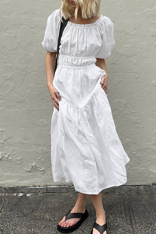 Casual Simplicity Solid Fold Off the Shoulder A Line Short Sleeve Dress White