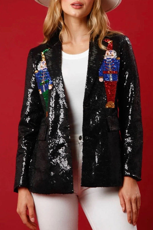 Casual Solid Sequins Turn-back Collar Outerwear Black