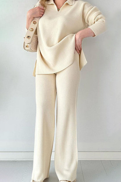 Casual Simplicity Solid Slit Turndown Collar Long Sleeve Two Pieces