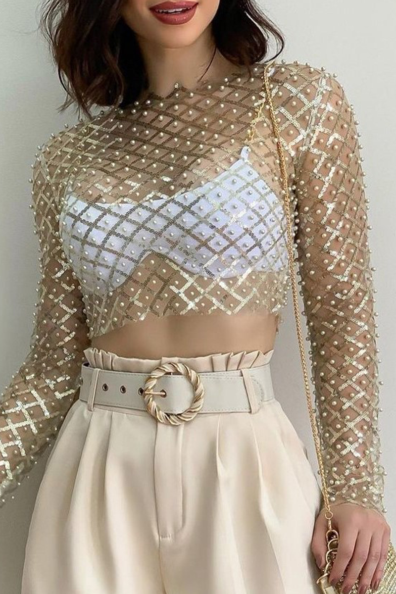 Sexy Solid Sequins See-through Beading O Neck Tops