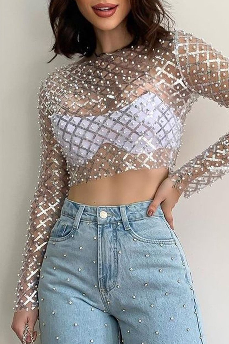 Sexy Solid Sequins See-through Beading O Neck Tops