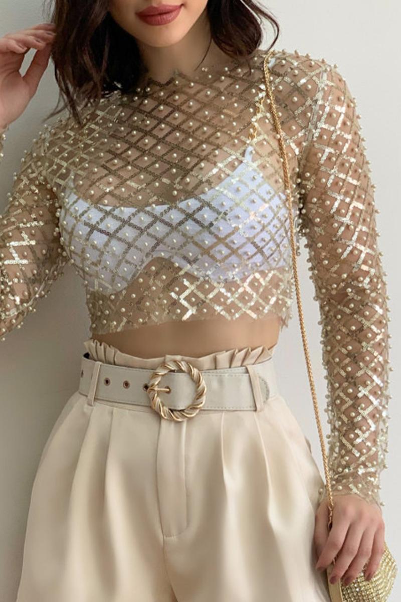 Sexy Solid Sequins See-through Beading O Neck Tops