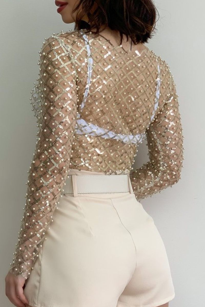 Sexy Solid Sequins See-through Beading O Neck Tops