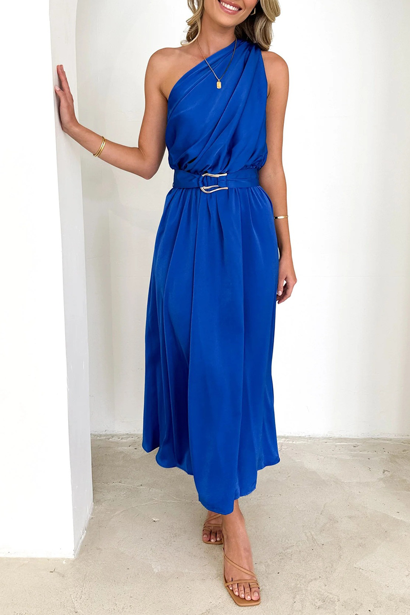 Sexy Solid Backless Oblique Collar Waist Skirt Dresses Blue