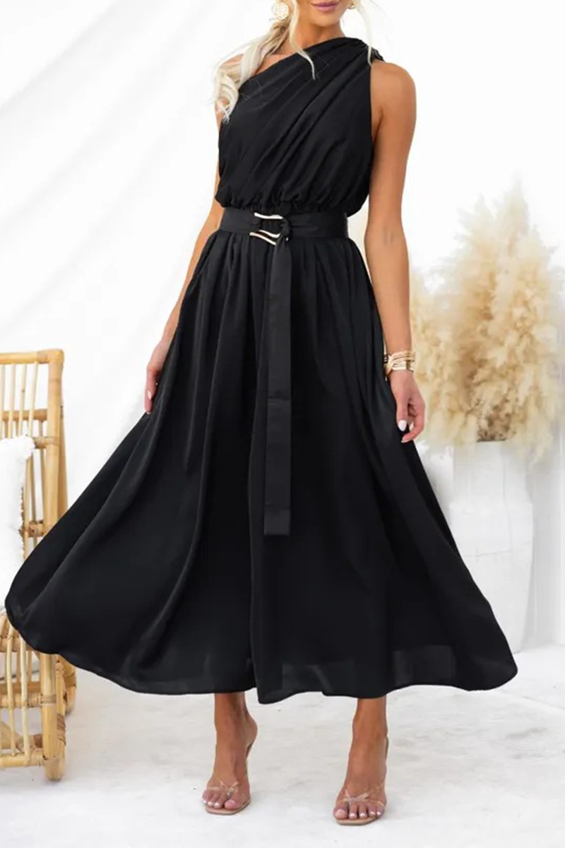 Sexy Solid Backless Oblique Collar Waist Skirt Dresses Black