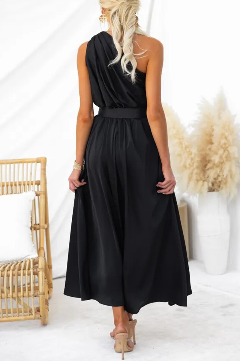 Sexy Solid Backless Oblique Collar Waist Skirt Dresses