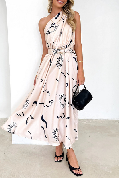 Sexy Floral Backless Oblique Collar Waist Skirt Dresses Apricot