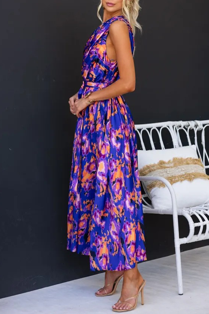 Sexy Floral Backless Oblique Collar Waist Skirt Dresses