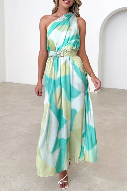 Sexy Floral Backless Oblique Collar Waist Skirt Dresses Light Green