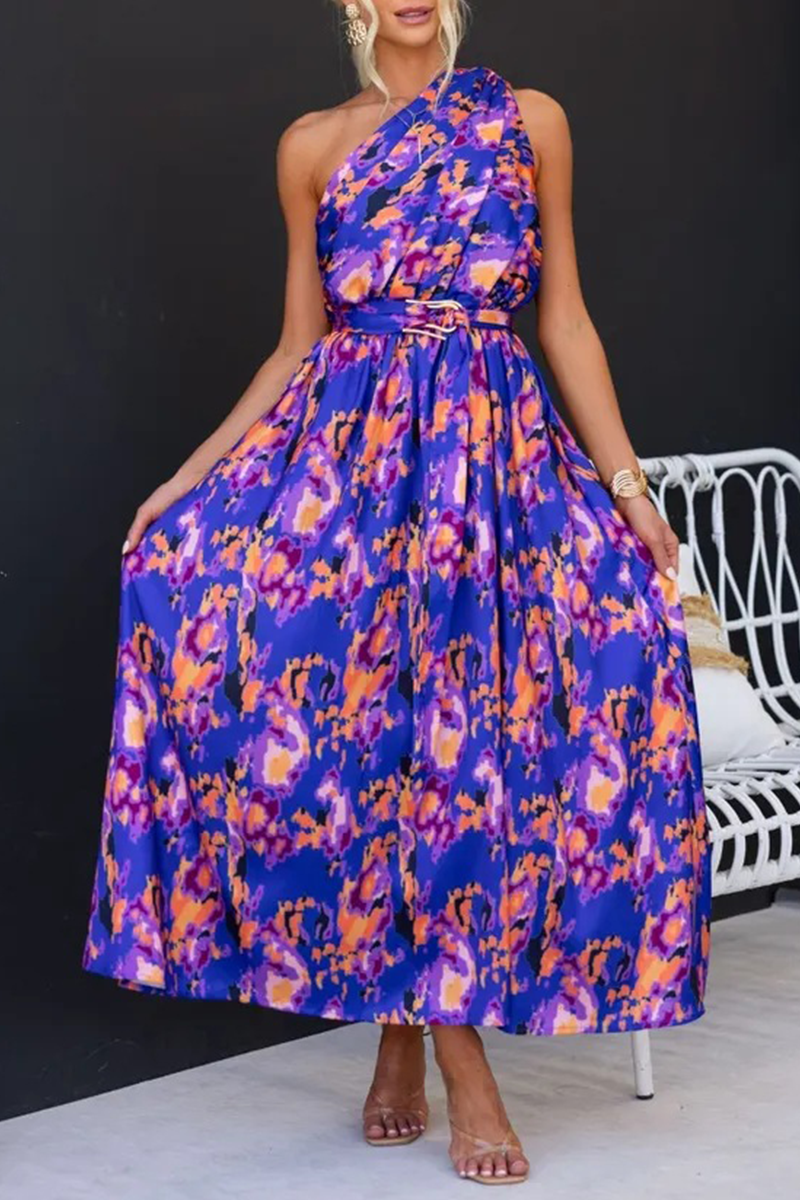 Sexy Floral Backless Oblique Collar Waist Skirt Dresses Purple