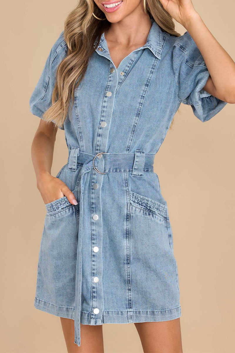 Casual Solid Pocket Turndown Collar Long Sleeve Denim Dresses The cowboy blue