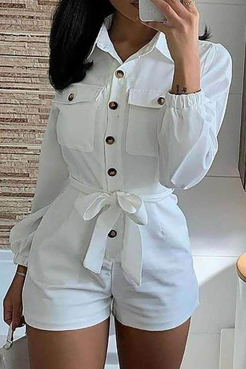 Casual Simplicity Solid Bandage Buttons Turndown Collar Rompers White