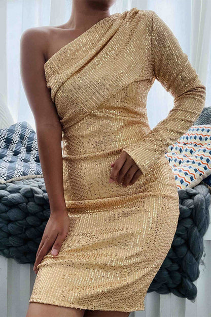 Sexy Party Solid Patchwork Oblique Collar Wrapped Skirt Dresses Gold