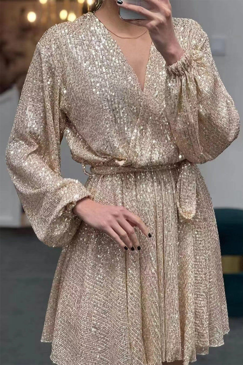 Sexy Solid Sequins Sequined V Neck Long Sleeve Dresses Champagne