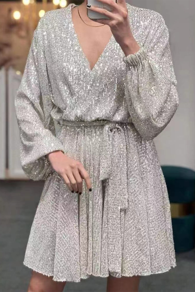 Sexy Solid Sequins Sequined V Neck Long Sleeve Dresses Silver