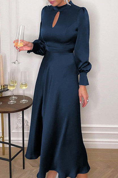 Elegant Solid Hollowed Out Turtleneck Waist Skirt Dresses