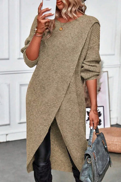 Casual Solid Asymmetrical Weave O Neck Irregular Dress Dresses Khaki