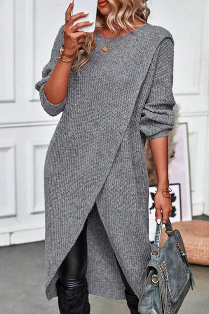 Casual Solid Asymmetrical Weave O Neck Irregular Dress Dresses Grey