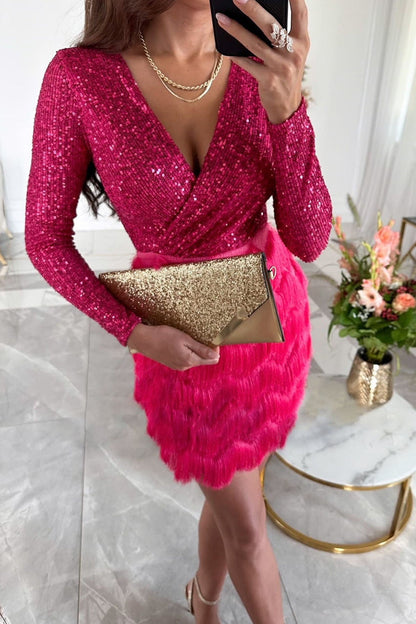 Sexy Solid Tassel Sequins V Neck Wrapped Skirt Dresses(4 Colors) Rose Red