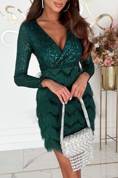 Sexy Solid Tassel Sequins V Neck Wrapped Skirt Dresses(4 Colors) Green