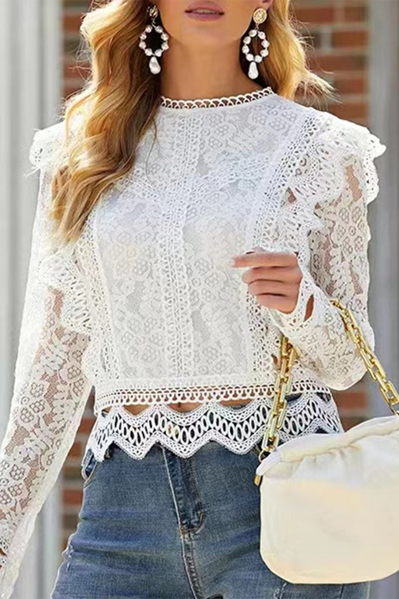 Sexy Solid Lace Zipper O Neck Tops White