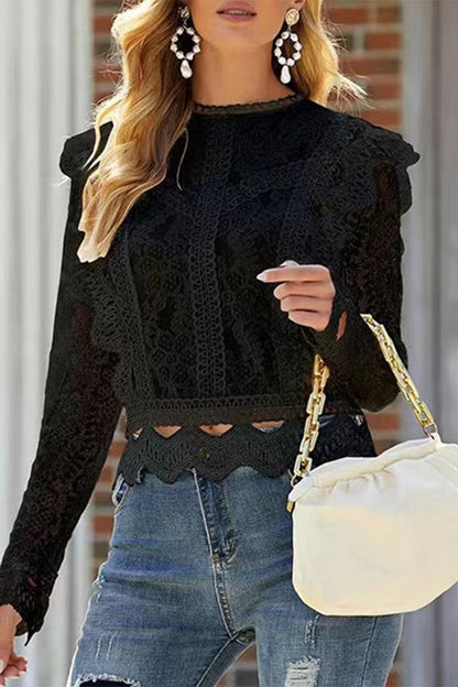 Sexy Solid Lace Zipper O Neck Tops Black