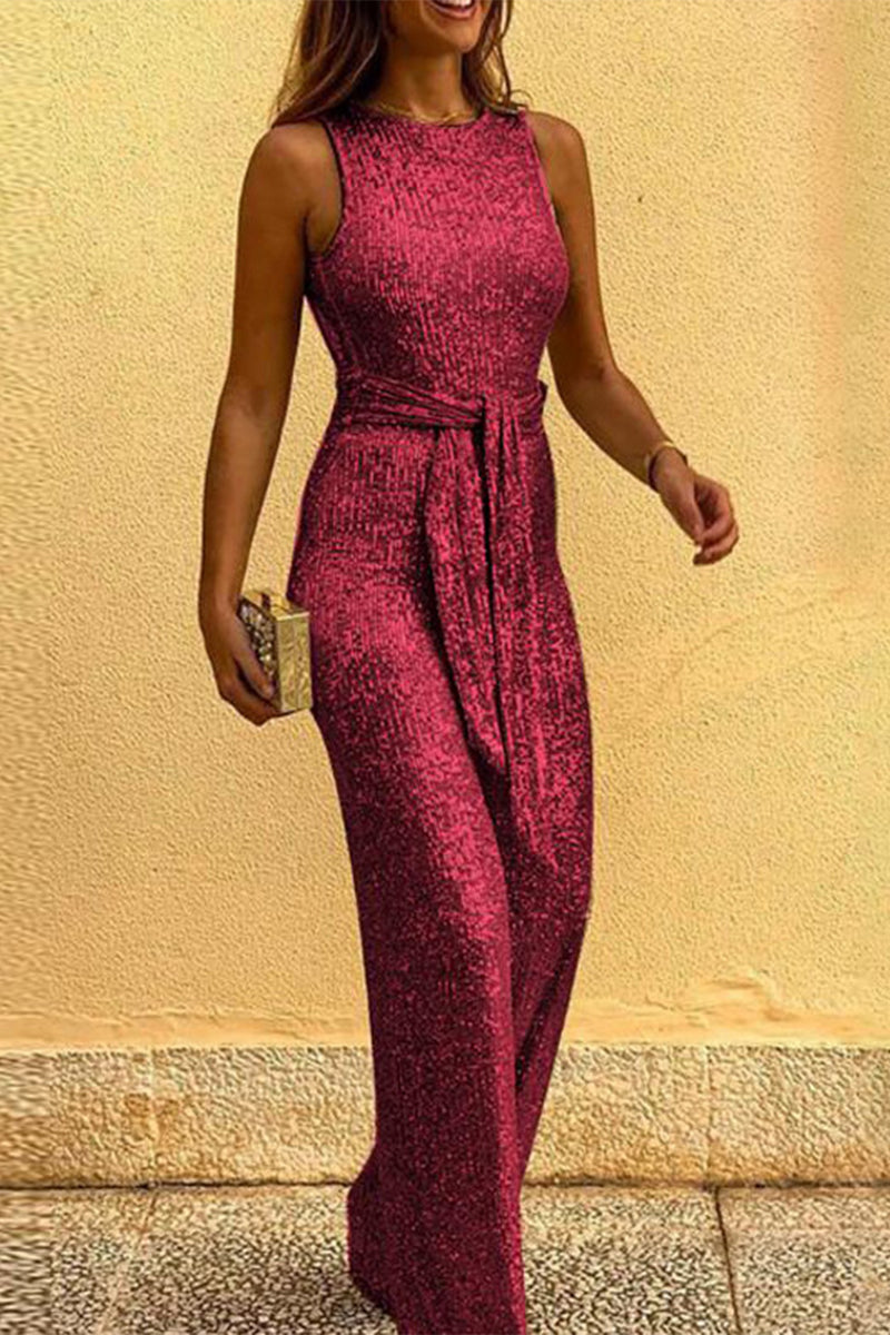 British Style Elegant Solid Sequins Backless O Neck Jumpsuits Burgundy