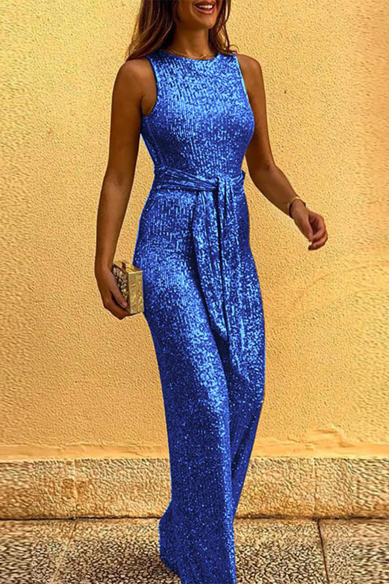 British Style Elegant Solid Sequins Backless O Neck Jumpsuits Blue