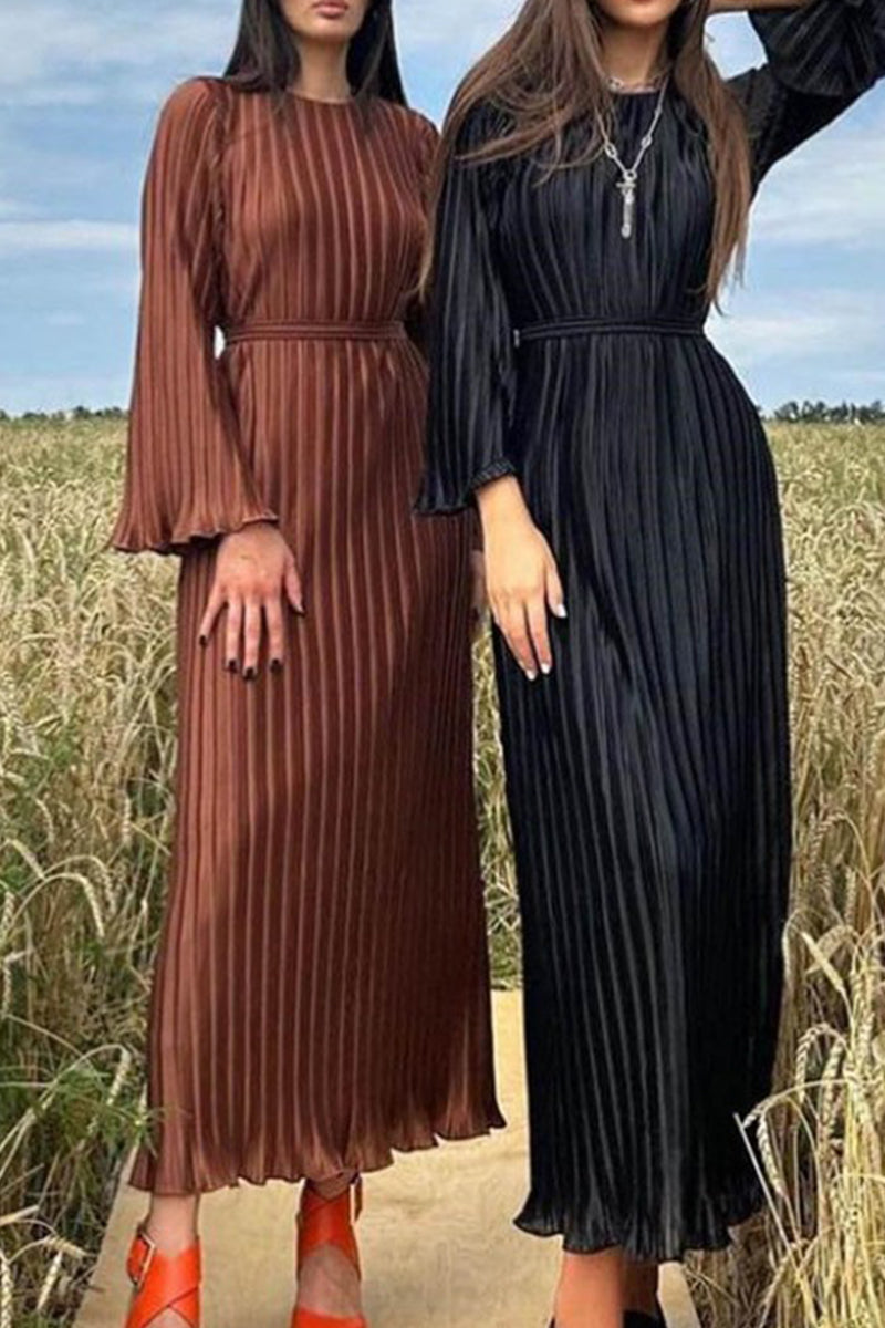 Street Solid Patchwork Pleated O Neck Long Dress Dresses