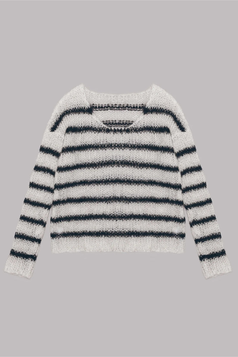 Street Striped Contrast O Neck Sweaters