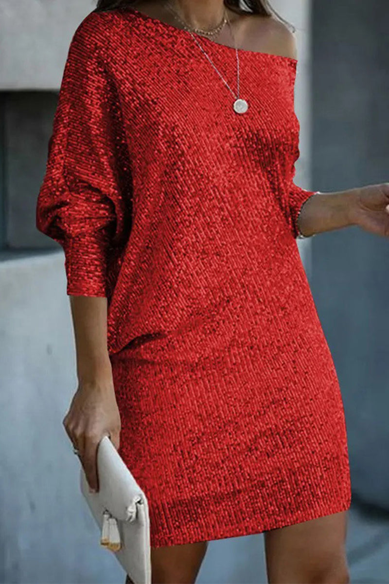 Elegant Solid Sequins Oblique Collar A Line Dresses Red