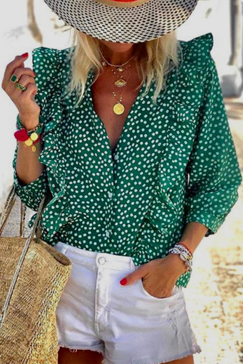 Elegant Polka Dot Printing Mandarin Collar Tops Green