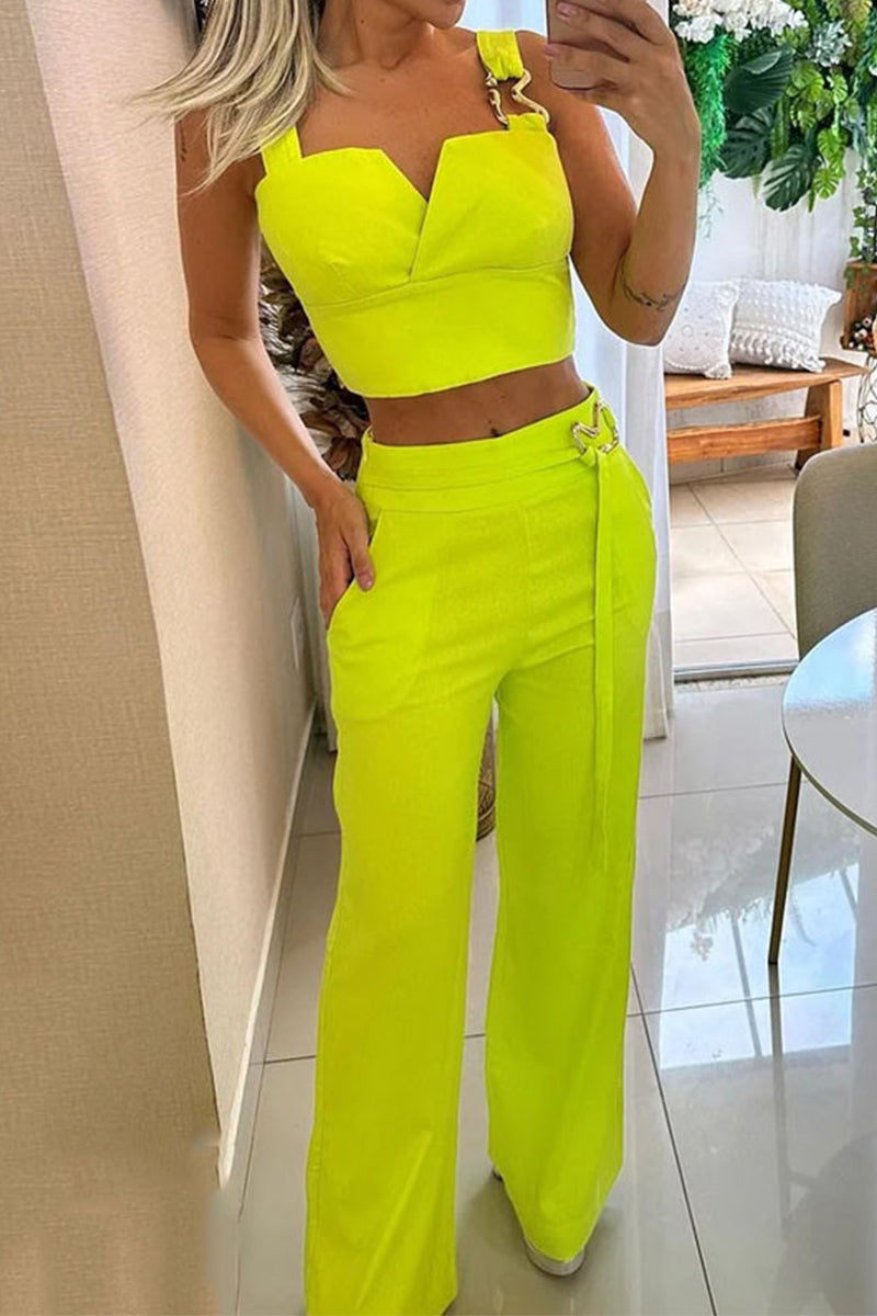 Sexy Simplicity Solid Metal Accessories Decoration Square Collar Sleeveless Two Pieces Fluorescent Yellow