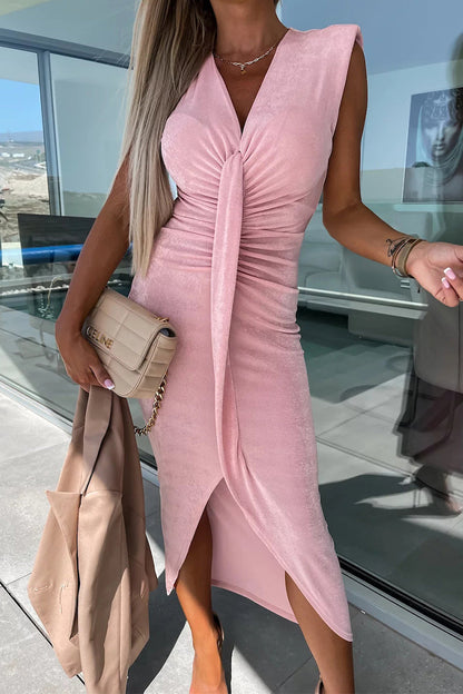 Sexy Simplicity Solid Fold V Neck Irregular Dress Dresses Pink