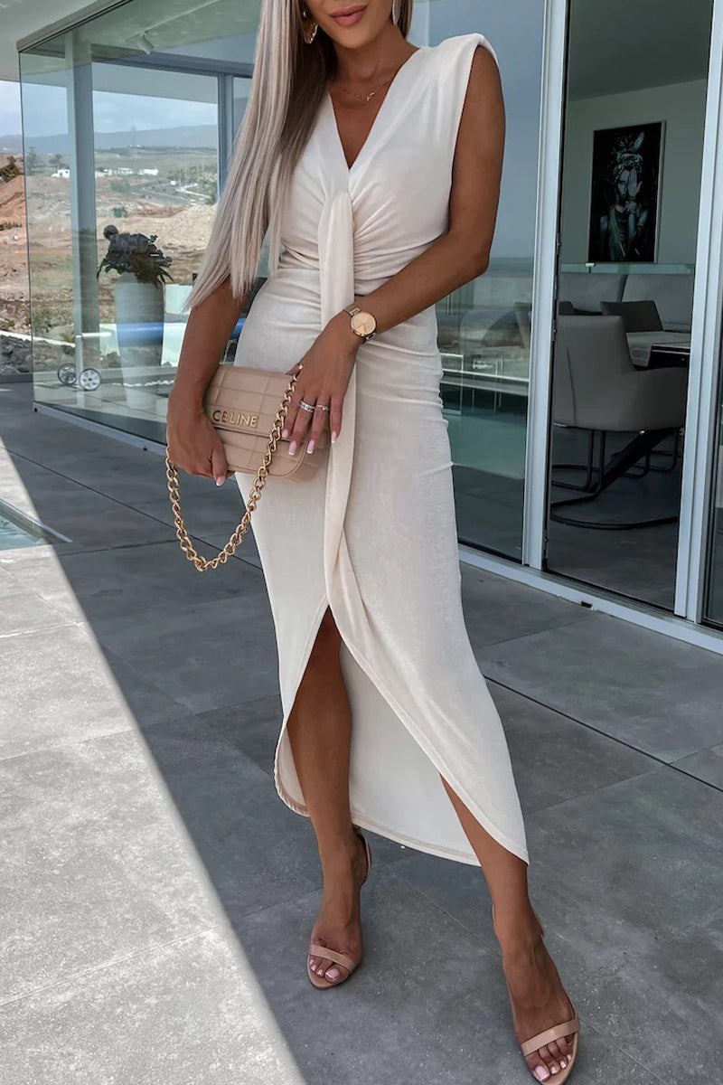 Sexy Simplicity Solid Fold V Neck Irregular Dress Dresses