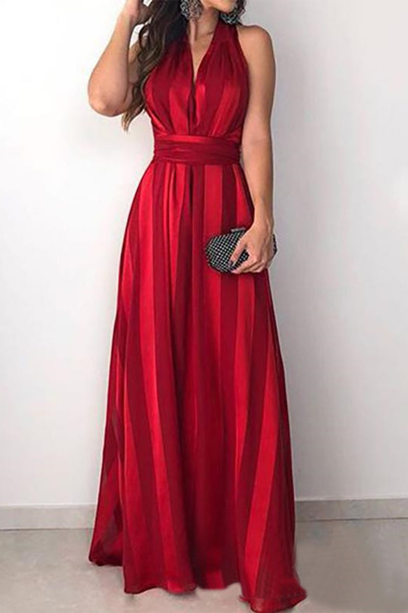 Sexy Formal Color Block Contrast V Neck Sleeveless Dress Dresses Red