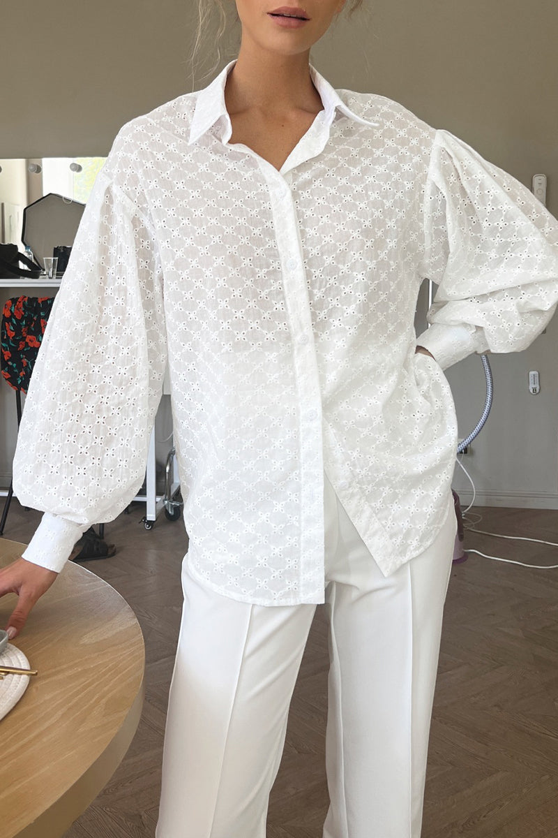 Elegant Solid Jacquard Hollowed Out Turndown Collar Tops White